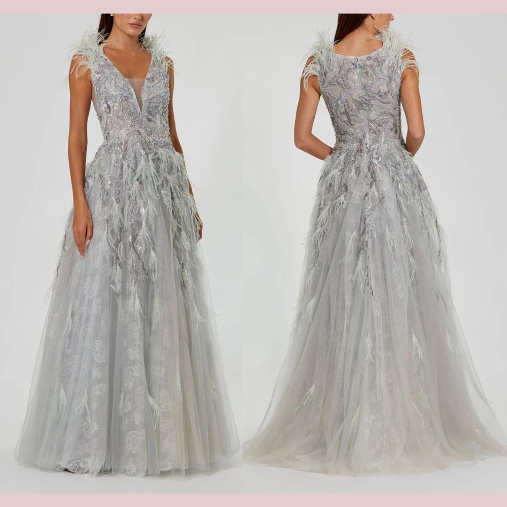 NEW Mac Duggal [ 10 ] 20259 Embellished Feathered Sleeveless A Line Gown Seamist
